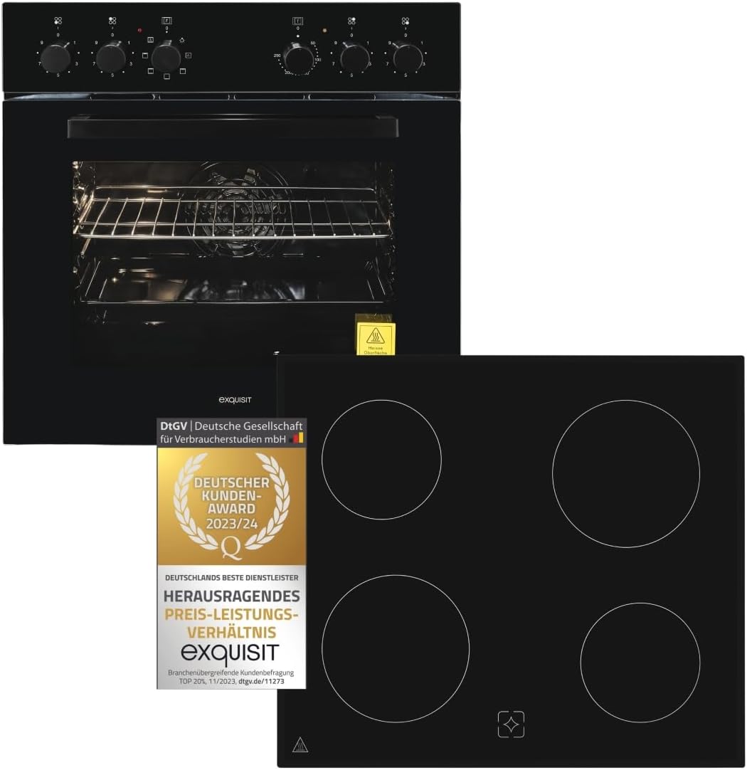 Exquisit Einbauherd-Set Backofen EHE10256-U-020 Set schwarz | Energieeffizienzklasse A | 59 l Garraum | Grill | Umluft | Glaskeramikkochfeld | rahmenlos | Einbaubackofen 60 cm