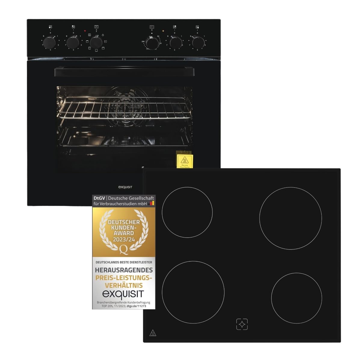 Exquisit Einbauherd-Set Backofen EHE10256-U-020 Set schwarz | Energieeffizienzklasse A | 59 l Garraum | Grill | Umluft | Glaskeramikkochfeld | rahmenlos | Einbaubackofen 60 cm