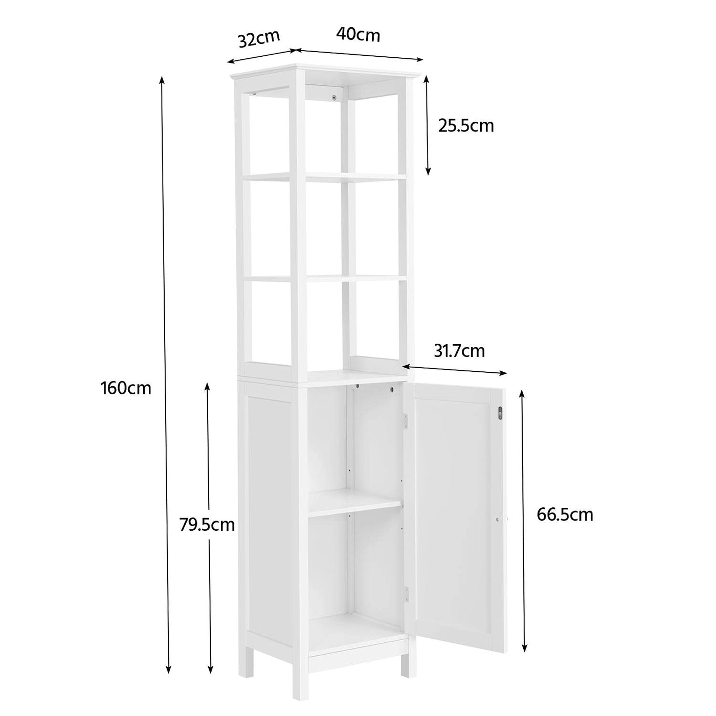 Yaheetech Hochschrank, Badezimmerschrank, Standregal, Badregal, mit 3 offenen Fächern & verstellbarem Einlegeboden, für Badezimmer, Wohnzimmer, Küche, 40 * 32 * 160, Weiß