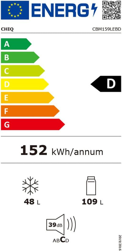 CHIQ CBM159LEBD Freistehender Kühlschrank mit Gefrierfach | Kühl-Gefrierkombination 144 cm Höhe, 47 cm Breit, 157L(109L/48L) | Low Frost | 152 kWh/Jahr | LED Litcht | | Schwarz Inox