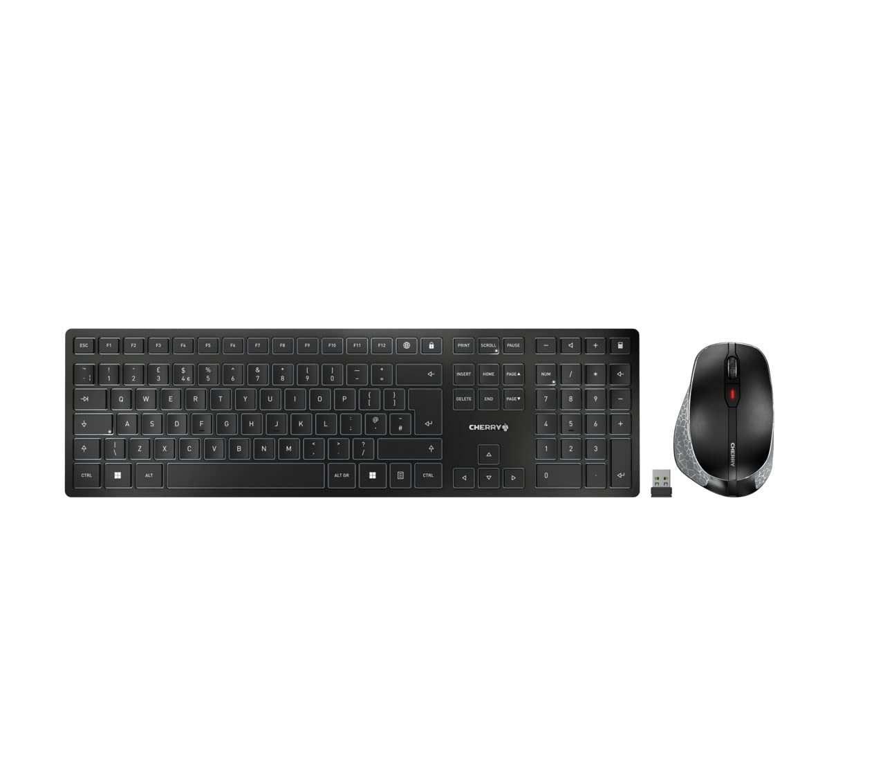 CHERRY DW 9500 SLIM, Kabelloses Tastatur- und Maus-Set, UK-Layout (QWERTY), Bluetooth oder 2,4 GHz Funk, Ergonomische Rechtshändermaus, Schwarz-Grau