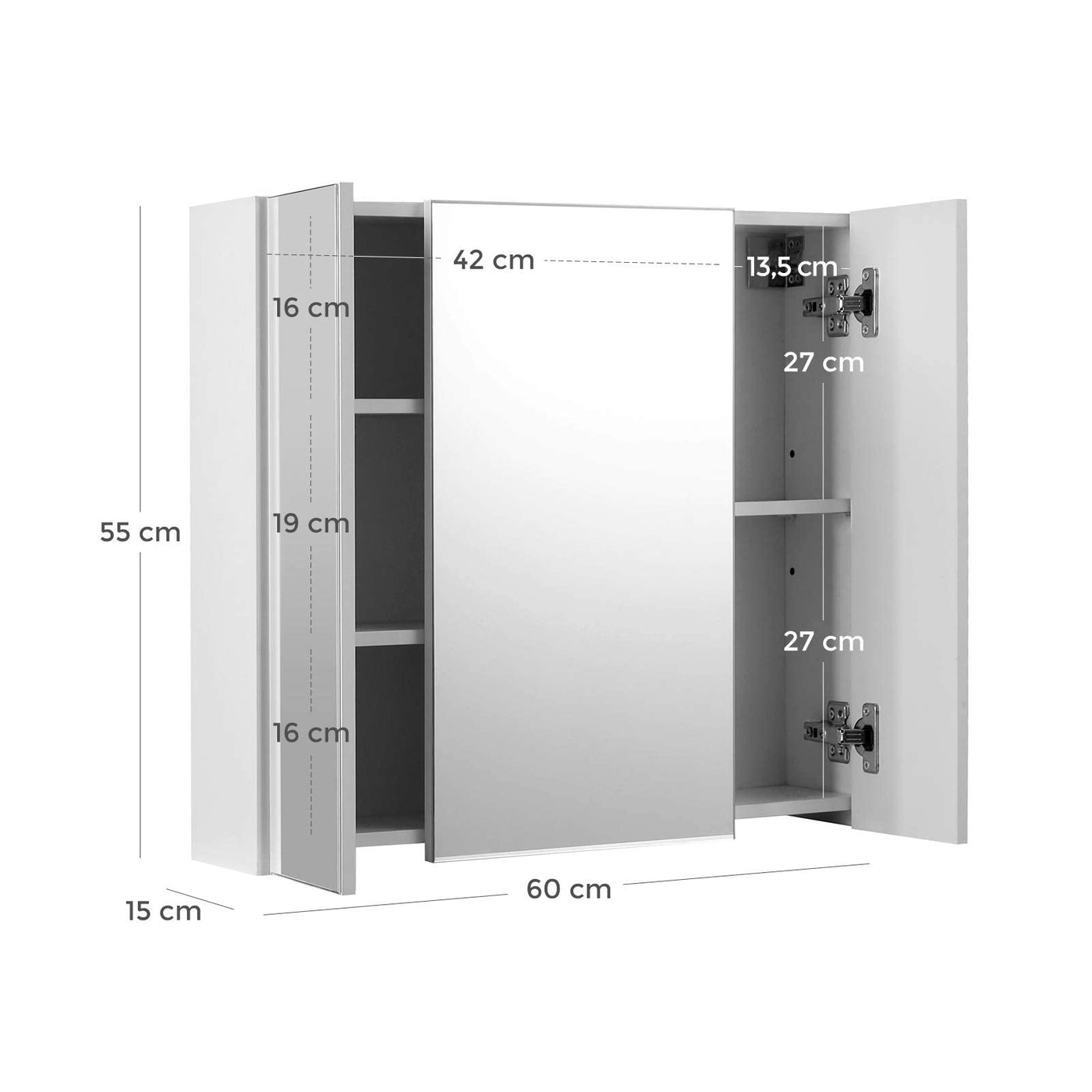 VASAGLE Wandschrank für Badezimmer, Schrank mit Spiegel, 3 Türen, 60 x 15 x 55 cm, mit verstellbarem Regal, modern, weiß, BBK22WT