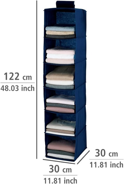 WENKO Trieur de linge Air, organiseur de placard avec 6 compartiments pour textiles, renforcé, larges étagères et fermeture velcro pour fixation sur la tringle à vêtements, matière polaire respirante, bleu marine