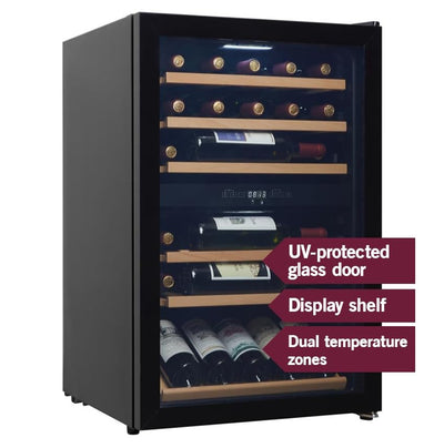 CAVIN Polar Collection 51 - Weinkühlschrank, 37 Flaschen, 2 Temperaturzonen 4-22°C, Holzregalböden, Kompressor, Glastür mit UV-Schutz, schwarzer Weinkühlschrank mit zwei Zonen