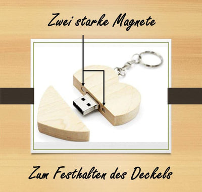 32 GB USB-Stick 3.0 Holz massiv Herz für Fotoalbum Verlobung Liebe Hochzeit Datenspeicher (Ahorn)