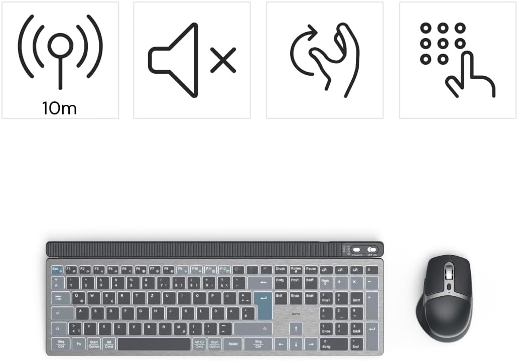 Hama Tastatur-Maus-Set kabellos WKM-750 (Multi-Device 1x Funk, 2X Bluetooth für PC, Laptop, Tablet, leise Tastatur LED, verstellbare Tippwinkel, FN-Lock, QWERTZ DE, ergonomische leise Maus) schwarz