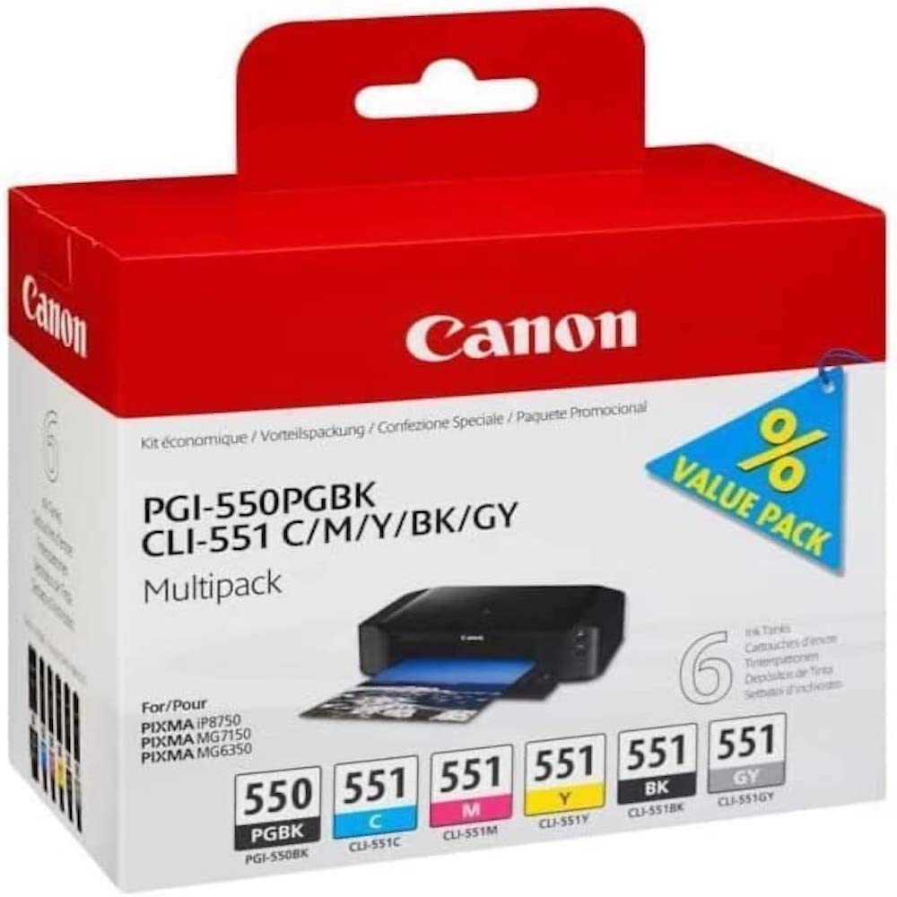 Canon PGI-550 / CLI-551 PGBK/C/M/Y/BK/GY Druckertinte - Multipack mit 6 Tinten für PIXMA Tintenstrahldrucker ORIGINAL