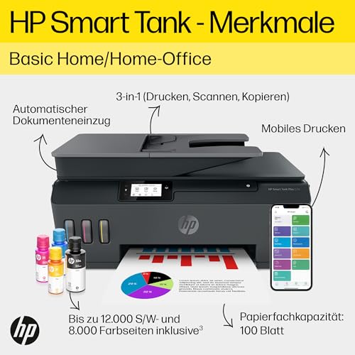 HP Smart Tank Plus 570 3-in-1 Multifunktionsdrucker, 20€ Cashback, (WLAN; ADF; Touchscreen) – 3 Jahre Tinte inklusive, 3 Jahre Garantie, großer Tintentank, hohe Reichweite, Drucken in hoher Qualität