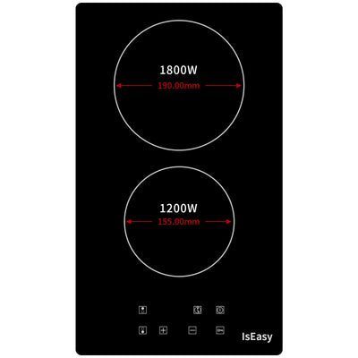 Domino Glaskeramikkochfeld, IsEasy Doppel Glaskeramik Kochfeld, 3000W, 29.5cm, 2 Kochzonen, Stecker, 9 Heizstufen, 1-99Min Timer, Berührungssteuerung, Automatische Abschaltung, Kindersicherung