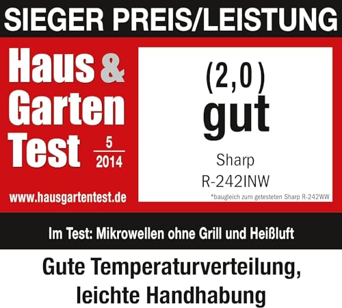 Sharp R242INW Solo-Mikrowelle / 20 L / 800 W / 5 Leistungsstufen / 8 Automatikprogramme / Gewicht- und zeitgesteuerte Auftauen / Kindersicherung / Energiesparmodus / Glasdrehteller (25,5 cm) / silber