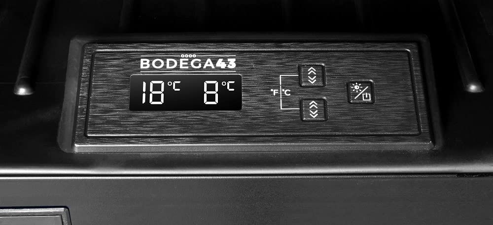 BODEGA43-25 Einbau Weinkühlschrank - Einbau-Weinklimaschrank 2 Zonen - Vollglas-Designtür, 2 Zonen, 25 flaschen, 38 dB, 60 cm breit, 4 ausziehbare Schubladen aus Birkenholz