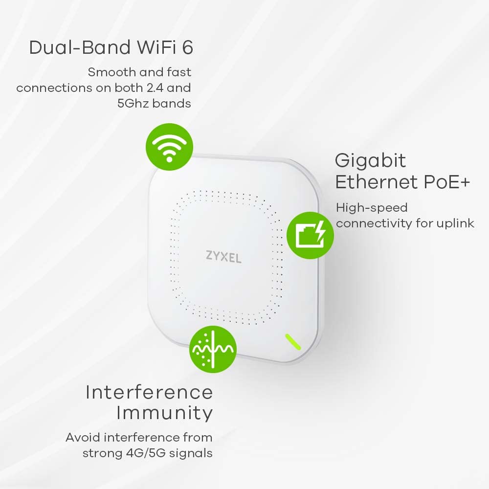 Zyxel Cloud WiFi6 AX1800 Wireless Access Point (802.11ax Dual Band), 1,77 Gbit/s, Verwaltbar über Nebula APP oder Standalone, bis zu 4 Separate WLAN-Netzwerke, PoE, Netzteil inklusive [NWA50AX]