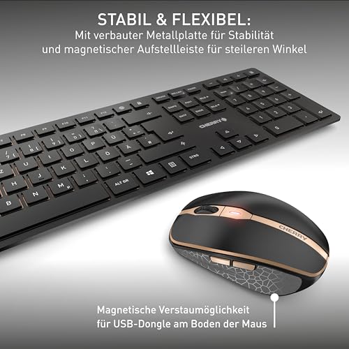 CHERRY DW 9100 SLIM, Kabelloses Tastatur- und Maus-Set, Deutsches Layout (QWERTZ), Bluetooth & 2,4 GHz Funk, Leise Tasten, Wiederaufladbar, Schwarz-Bronze