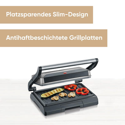 SEVERIN Kontaktgrill für Sandwiches, Steak und als Panini Grill, antihaftbeschichteter Sandwich Maker für fettfreies Grillen, 800 W, metallic grau/schwarz, KG 2394