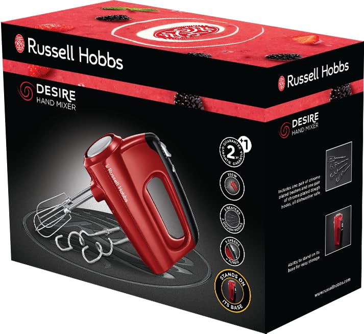 Russell Hobbs Handmixer [Handrührgerät] Desire Rot (5 Geschwindigkeitsstufen+Turbofunktion, 2 spülmaschinengeeignete Rührbesen & Knethaken, Auswurftaste, aufrechte Parkposition) Handrührer 24670-56