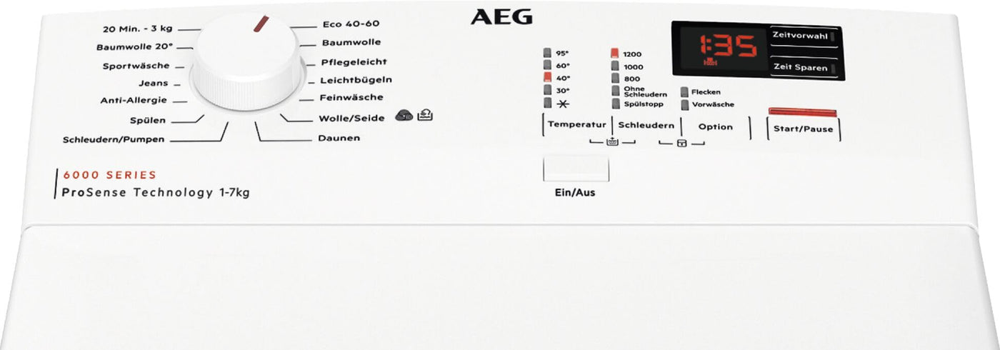 AEG LTR6N40270 Waschmaschine Toplader – Serie 6000 ProSense: Mengenautomatik – 7 kg – Wasserstoppschlauch – Inverter Motor – EEKL B – Startzeitvorwahl – Leise – 1200 U/min