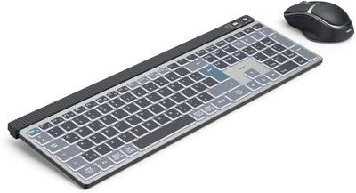 Hama Tastatur-Maus-Set kabellos WKM-750 (Multi-Device 1x Funk, 2X Bluetooth für PC, Laptop, Tablet, leise Tastatur LED, verstellbare Tippwinkel, FN-Lock, QWERTZ DE, ergonomische leise Maus) schwarz