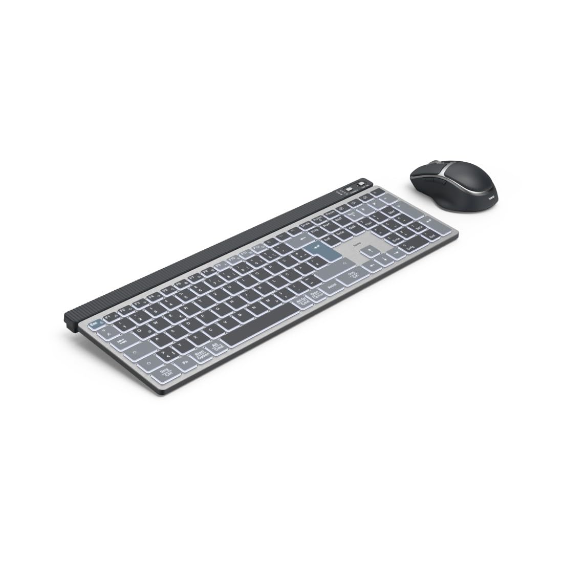 Hama Tastatur-Maus-Set kabellos WKM-750 (Multi-Device 1x Funk, 2X Bluetooth für PC, Laptop, Tablet, leise Tastatur LED, verstellbare Tippwinkel, FN-Lock, QWERTZ DE, ergonomische leise Maus) schwarz