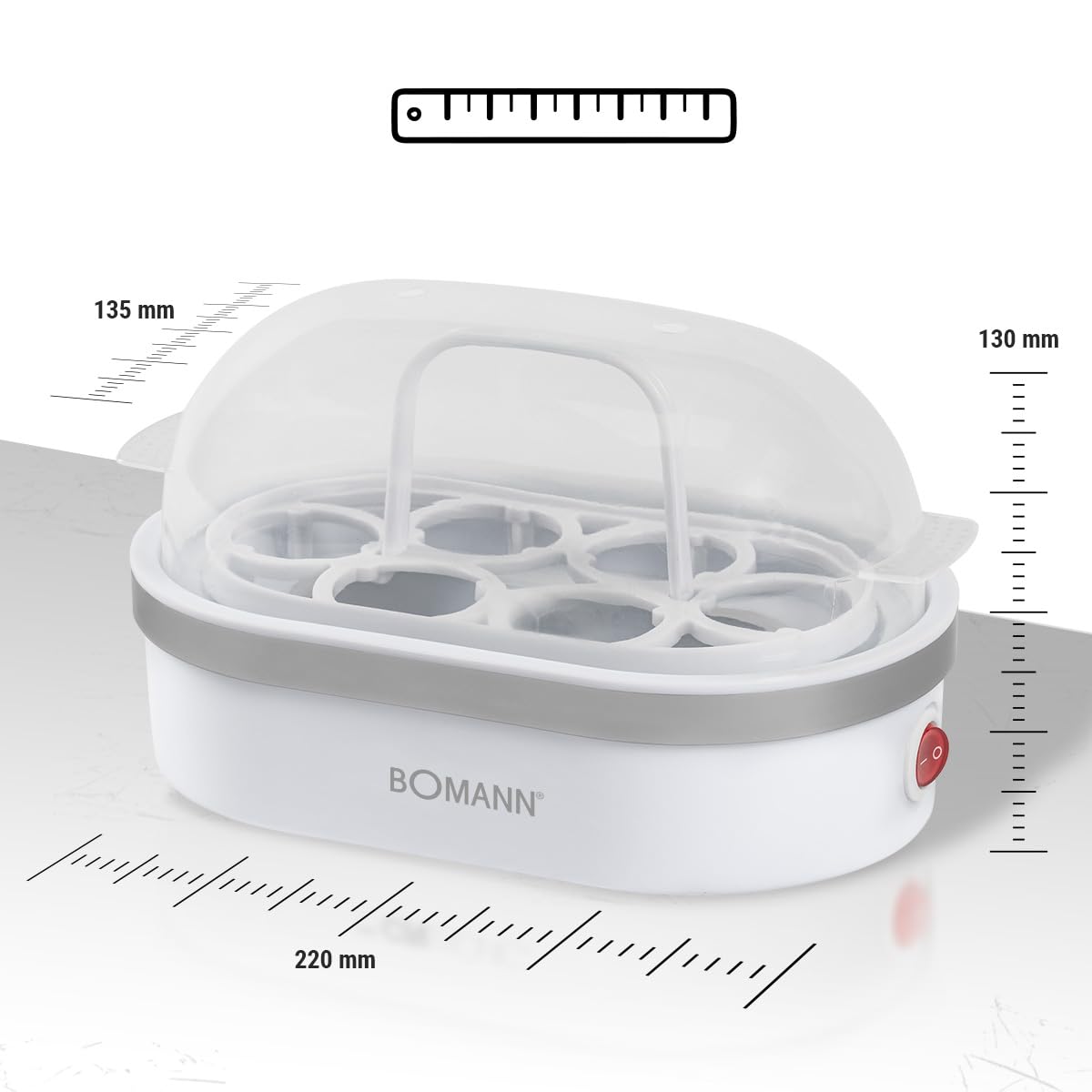 Bomann® Eierkocher für bis zu 6 Eier | Egg Cooker mit antihaftbeschichteter Heizschale | Egg Boiler mit Summer | elektrischer Eierkocher inkl. Eihalter & Messerbecher mit Eipicker | EK 5022 CB