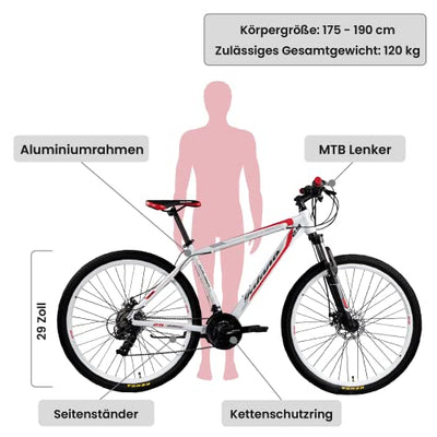 Galano Toxic Mountainbike 29 Zoll ab 175 cm für Damen und Herren mit 21 Gang und Scheibenbremse Fahrrad MTB Hardtail in vielen Farben, Unisex, Alu Bike (Weiss/rot)