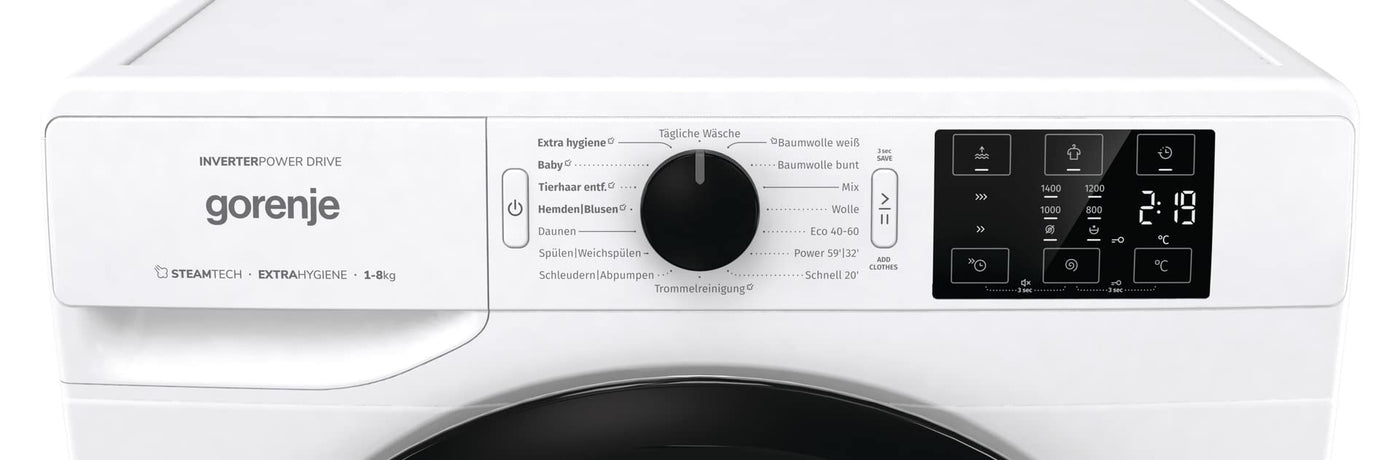 Gorenje WNEI 84 BPS Waschmaschine mit Dampffunktion / 8 kg / 1400 U/min /16 Programme Inverter Motor/Edelstahltrommel/AquaStop/Kindersicherung/SterilTub/Weiß