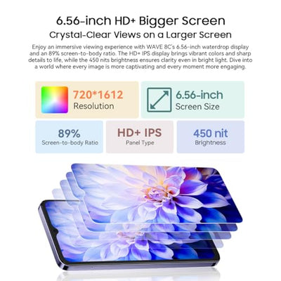 Blackview Wave 8C 4G Smartphone ohne Vertrag, 6,56'' HD+, Octa-Core 6GB+64GB (2TB Externe SD), 13MP+8MP Kamera, 3 Kartensteckplätze, Android 14 DUAL SIM Handy, Smart-K Box Lautsprecher, GPS Blau