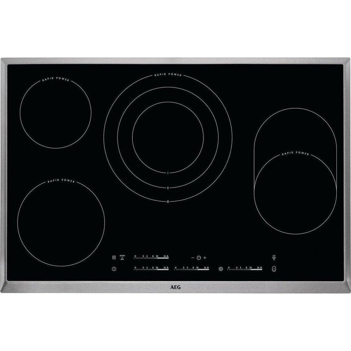 AEG HK854870XB Einbaukochfeld / autarkes Kochfeld / Bräter- und Dreikreiszone / 4 ultra-schnellaufglühende Kochzonen / 80 cm Glaskeramikkochfeld / Edelstahlrahmen