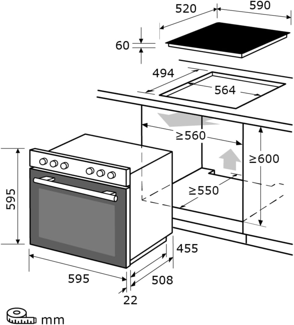 Exquisit Einbauherd-Set Backofen EHE10256-U-020 Set schwarz | Energieeffizienzklasse A | 59 l Garraum | Grill | Umluft | Glaskeramikkochfeld | rahmenlos | Einbaubackofen 60 cm