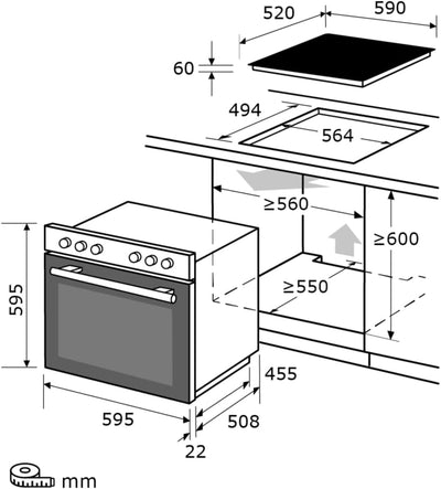 Exquisit Einbauherd-Set Backofen EHE10256-U-020 Set schwarz | Energieeffizienzklasse A | 59 l Garraum | Grill | Umluft | Glaskeramikkochfeld | rahmenlos | Einbaubackofen 60 cm