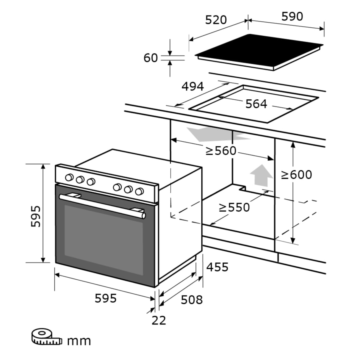 Exquisit Einbauherd-Set Backofen EHE10256-U-020 Set schwarz | Energieeffizienzklasse A | 59 l Garraum | Grill | Umluft | Glaskeramikkochfeld | rahmenlos | Einbaubackofen 60 cm