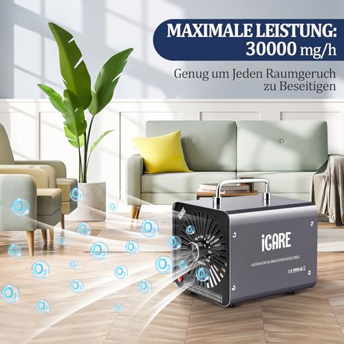 ICARE Ozongenerator 30000mg/h Ozongerät, Ozonisator Industrieller O3 Ozon Luftreiniger mit 120 Min Timer für 300㎡ Geruchskiller Geruchsneutralisierer für Auto, Rauch, Haustiergerüche, Küchengerüche