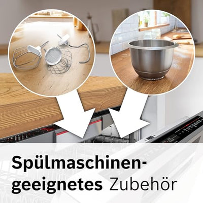 Bosch Küchenmaschine Serie 4 MUM56340, Schüssel 3,9 L, Mixer 1,25 L, Fleischwolf, Zitruspresse, Planetenrührwerk, Knethaken, Schlag-, Rührbesen, Durchlaufschnitzler, 3 Scheiben, 900 W, Silber/ Grau