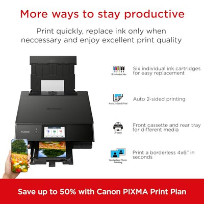 Canon PIXMA TS8750 Multifunktionsdrucker 3in1 (Tintenstrahl,Drucken, Kopieren, Scannen, A4, 10,8 cm Touch LCD, WLAN, Duplexdruck, 2 Papierzuführungen, 2 x 100 Blatt, 6 Separate Tinten) schwarz