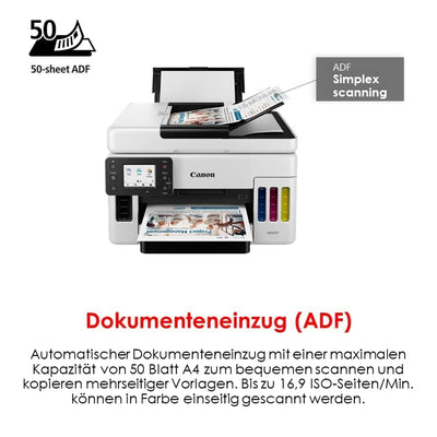 Canon MAXIFY GX6050 MegaTank Multifunktionsdrucker 3in1 (Tintenstrahl, Kopieren, Scannen, 50 Blatt ADF, A4, WLAN, LAN, 6,9 cm LCD Touch, Duplex-Druck, niedrige Druckkosten, 350 Blatt) weiß