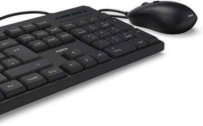 Hama Tastatur Maus Set CKM-200 (USB Tastatur, USB Maus, ergonomisches Tippgefühl, leise Tasten, Kabel abnehmbar, deutsches QWERTZ-Layout, Maus mit dpi Schalter, Multimedia Tasten) schwarz