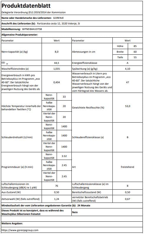 Gorenje WPNEI84A1DTSB Waschmaschine mit Dampffunktion/ConnectLife / 8Kg / 1400 U/min / 15 Programme/Totaler AquaStop/Wave Active Trommel/ExtraHygiene/PowerWash/Schnell Waschgang/EEK: A-10%