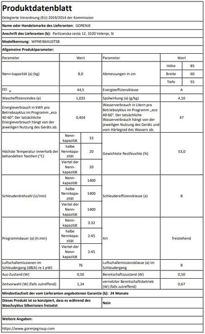 Gorenje WPNEI84A1DTSB Waschmaschine mit Dampffunktion/ConnectLife / 8Kg / 1400 U/min / 15 Programme/Totaler AquaStop/Wave Active Trommel/ExtraHygiene/PowerWash/Schnell Waschgang/EEK: A-10%