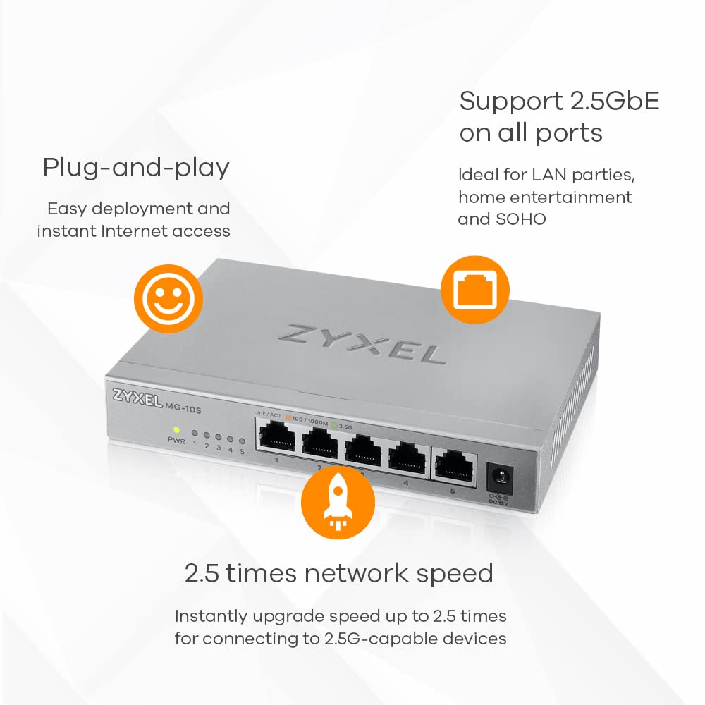 Zyxel 2,5G Multi-Gigabit Unmanaged Switch mit fünf Ports für Home Entertainment oder SOHO-Netzwerke [MG-105]