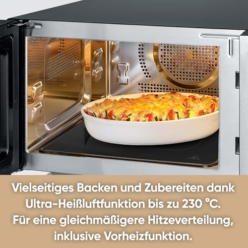 SEVERIN 3-in-1 Mikrowelle mit Grill und Ultra-Heißluftfunktion bis 230 C°, Grillen auf 2 Ebenen, flacher Glasboden statt Drehteller, XXL-Nutzfläche, leichte Reinigung, 25L, Edelstahl, MW 7777