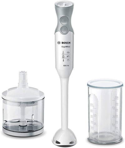 Bosch Stabmixer ErgoMixx MSM66020, Mixfuß, Mix- und Messbecher, 4-Klingen-Messer, ergonomisches Design, 12 Stufen plus Turbo, 600 W, weiß/grau