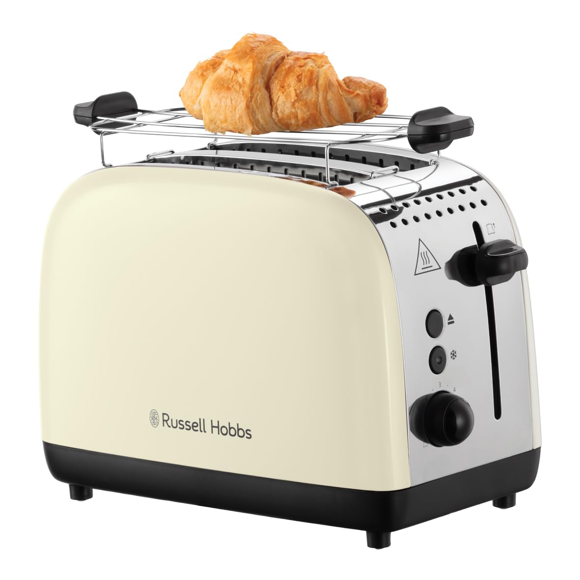 Grille-pain Russell Hobbs [pour 2 tranches] Colours Plus en acier inoxydable crème (fentes de toast extra larges, y compris chauffe-petits pains, 6 niveaux de brunissage + fonction décongélation, fonction Lift &amp; Look, 1600 W) 26551-56