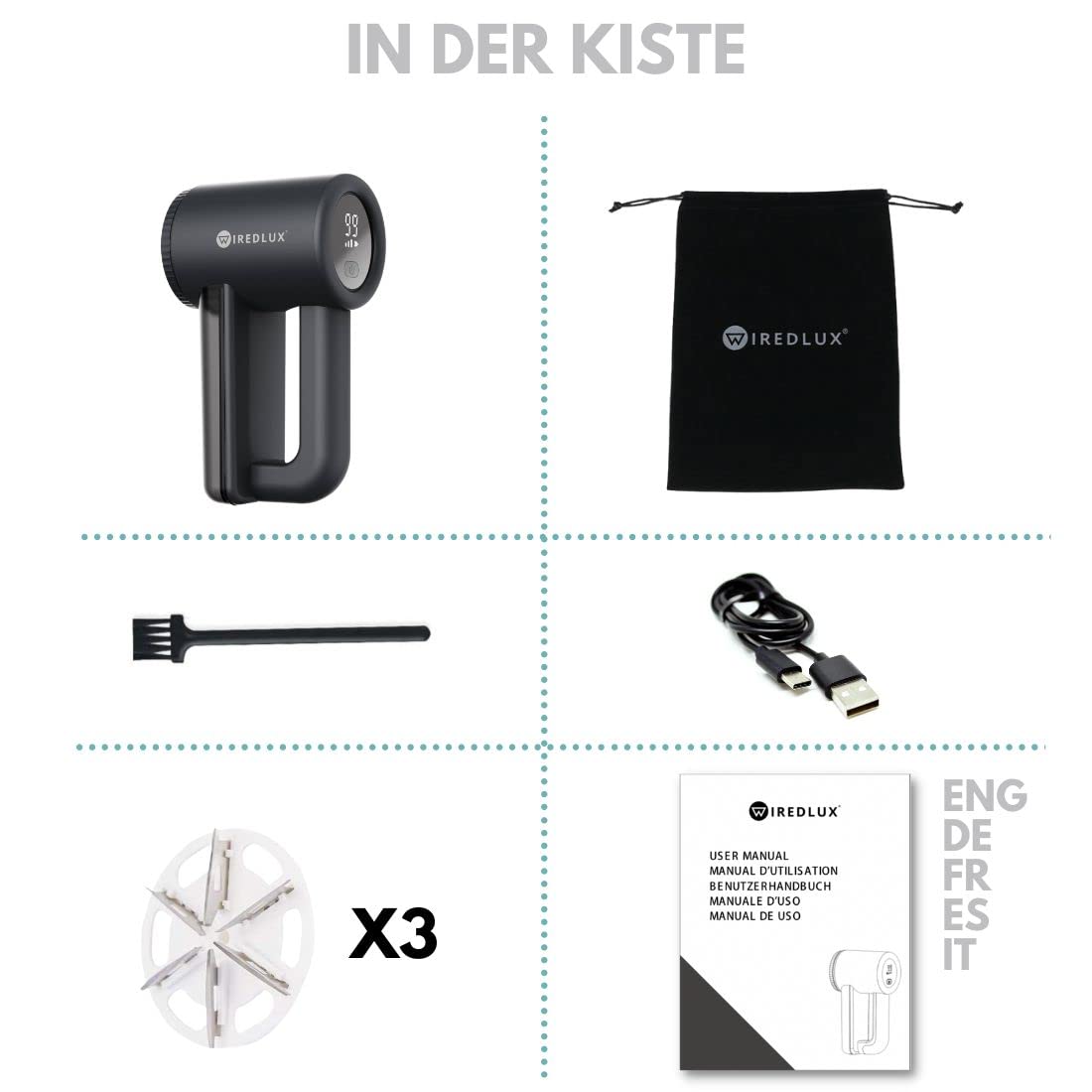 Fusselrasierer Elektrisch WiredLux - Wiederaufladbarer Fusselentferner für Kleidung & Möbel - Einstellbare 3-Fach Geschwindigkeit, 6-blättrige Klinge, LED-Anzeige, USB-Aufladung (Schwarz)