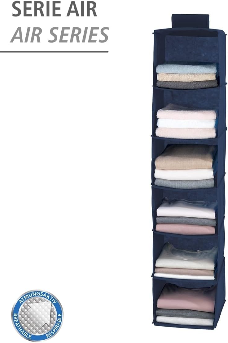 WENKO Trieur de linge Air, organiseur de placard avec 6 compartiments pour textiles, renforcé, larges étagères et fermeture velcro pour fixation sur la tringle à vêtements, matière polaire respirante, bleu marine