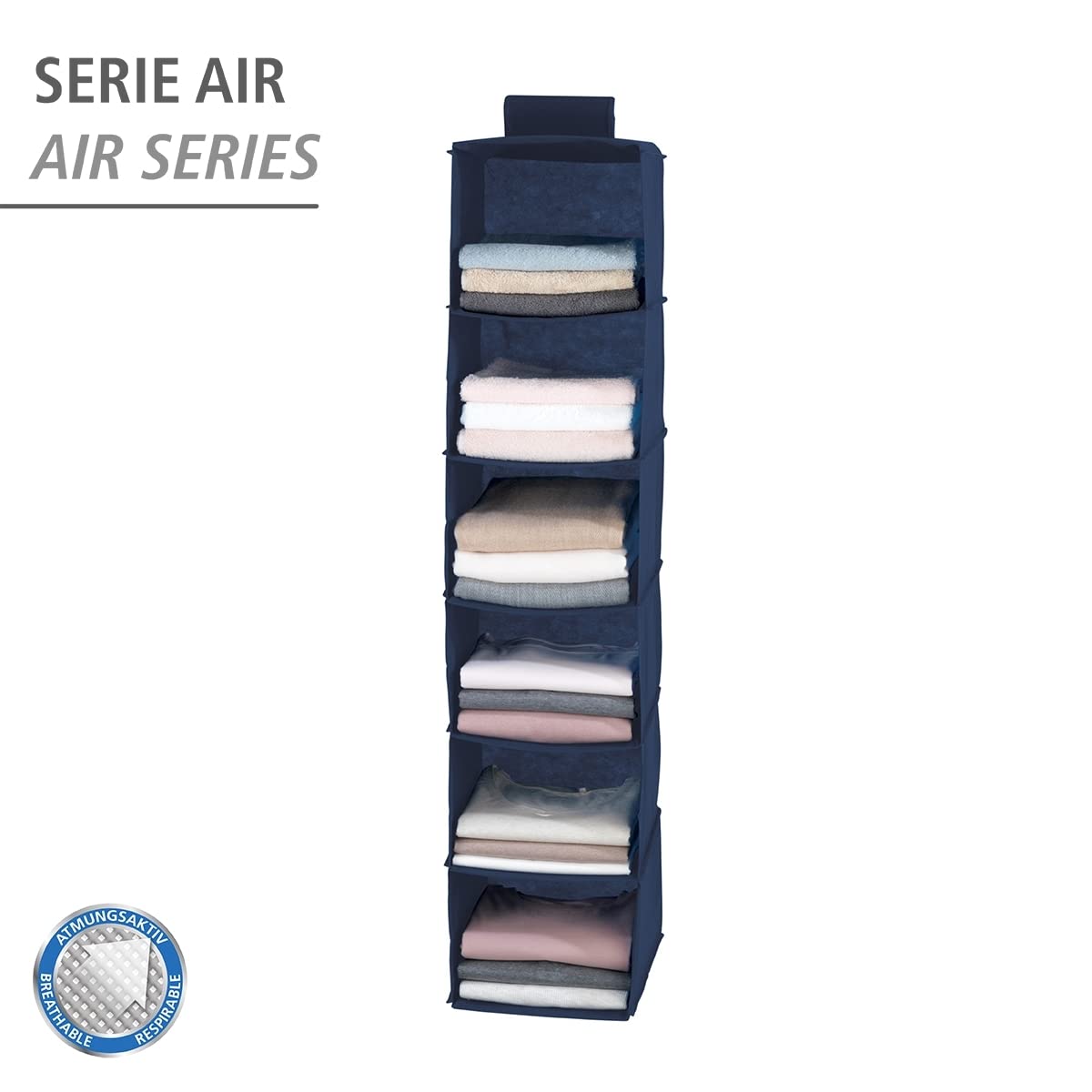 WENKO Trieur de linge Air, organiseur de placard avec 6 compartiments pour textiles, renforcé, larges étagères et fermeture velcro pour fixation sur la tringle à vêtements, matière polaire respirante, bleu marine