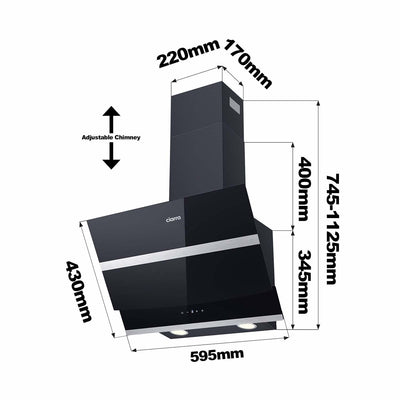 CIARRA CBCB6736N Kopffreie Schräghaube Dunstabzugshaube 60 cm 650 m³/h Touch Control Dimmbar LED-Beleuchtung Abluft Umluft mit CBCF003 Aktivkohlefilter Glas Schwarz