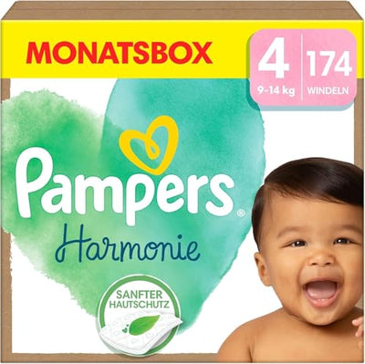 Pampers Baby Windeln Größe 4 (9-14 kg) Harmonie, MONATSBOX, Sanfter Hautschutz Und Pflanzenbasierte Inhaltsstoffe, 174 Stück