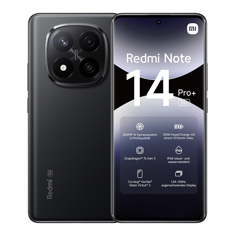 Xiaomi Redmi Note 14 Pro+ 5G Smartphone, 12 + 512GB, Black, 200MP professionelle AI-Kamera, IP68, 120W HyperCharge, AI-Funktionen (kein Ladegerät enthalten)