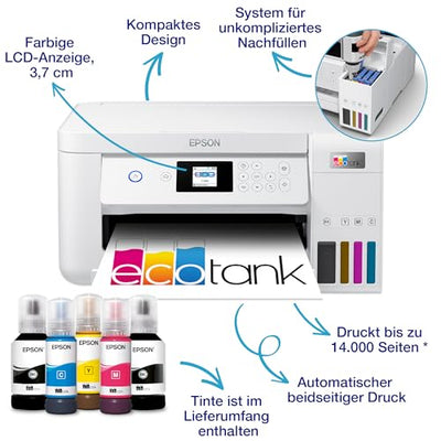 EcoTank ET-2856 A4-Multifunktions-Wi-Fi-Tintentankdrucker, mit einem im Lieferumfang enthaltenen Vorrat an Tinten bis zu 3 Jahren