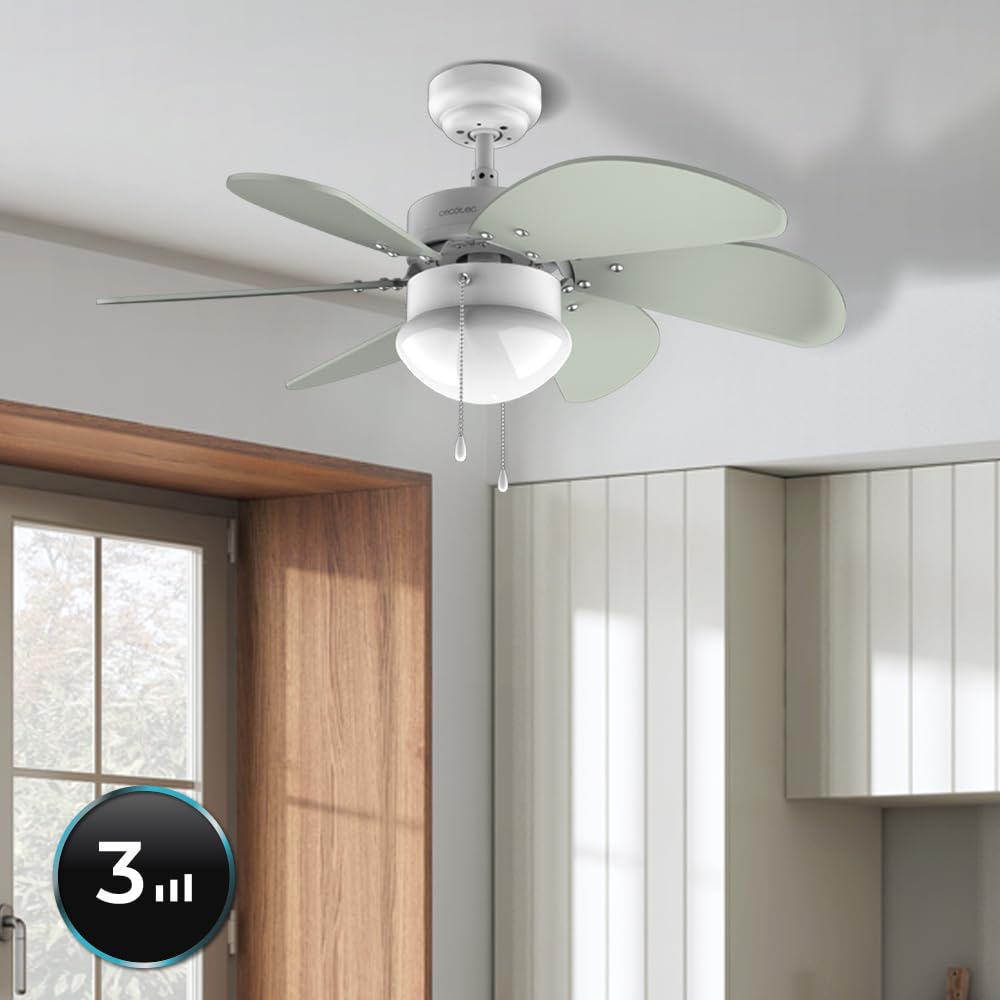 Cecotec Deckenventilator EnergySilence 3600 Vision Mint, 50 W, Durchmesser 92 cm, Lampe, 3 Geschwindigkeiten, 6 Umkehrbare Klingen, Sommer-/Winterfunktion, Zugkette, Weiß/Mint