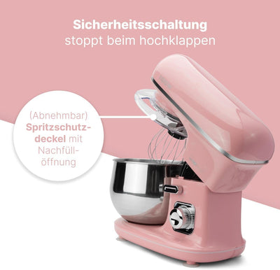 Clatronic Retro Küchenmaschine zum backen | Knetmaschine 5L mit starkem 1100W Motor | Teigmaschine inkl. Haken & Schneebesen | Retro Teigknetmaschine Spritzschutz mit Nachfüllöffnung – KM 3711 pink